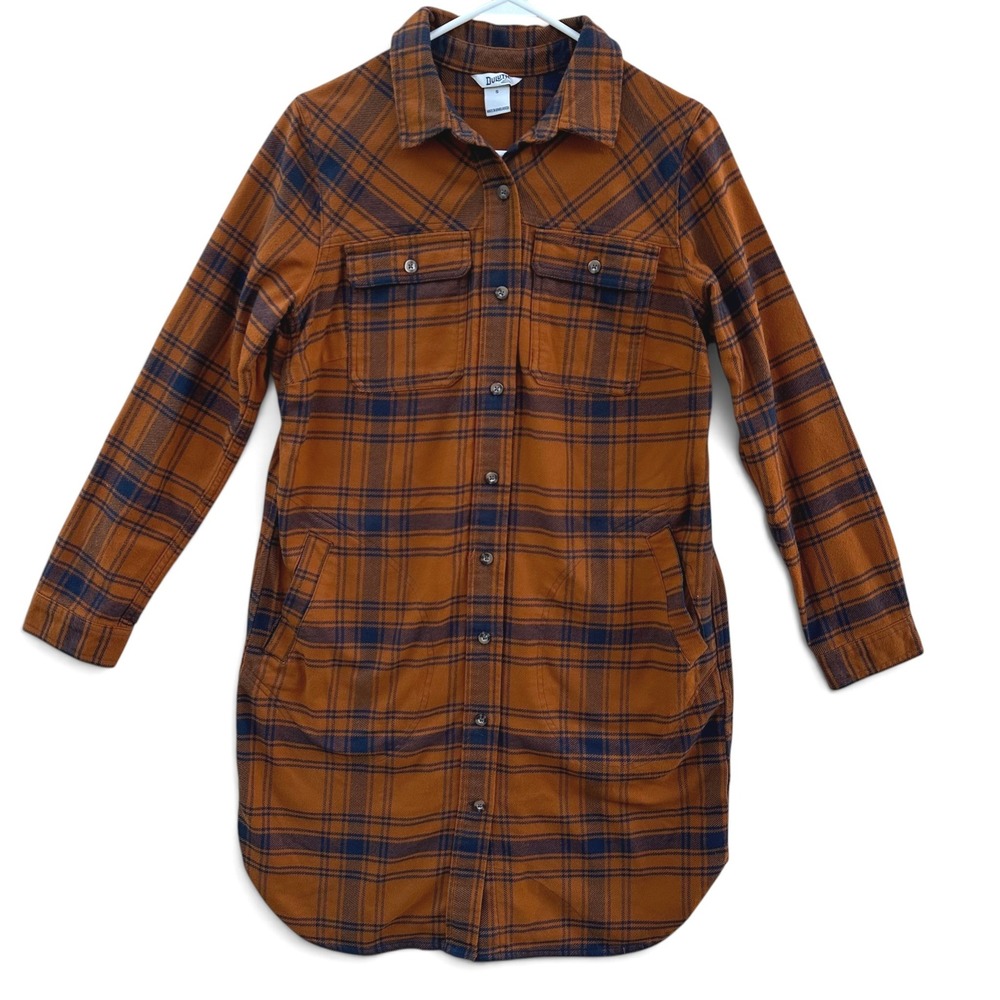 Duluth Trading Co Plaid Flannel Shirt Dress Small Orange Navy Button Front